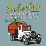 Piirroskuvassa kuorma-auton lavalla iso punainen tomaatti. Lisäksi teksti Sukselan koulun maaseutumarkkinat.