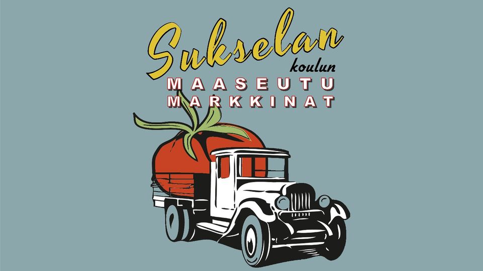 Piirroskuvassa kuorma-auton lavalla iso punainen tomaatti. Lisäksi teksti Sukselan koulun maaseutumarkkinat.