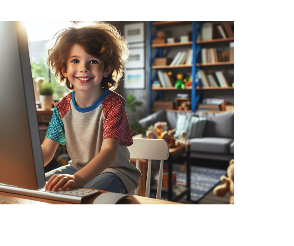 Tekoälyä hyödyntäen tehty kuva, jossa nuori poika istuu tietokoneella ja katsoo samalla kameraan. Taustalla sotkuinen huone.