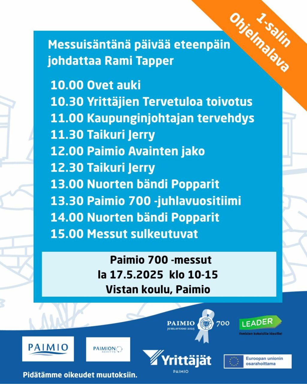 Messujen ohjelma-aikataulu Vistan koulun 1-salissa. 17.5. klo 10 - 15.