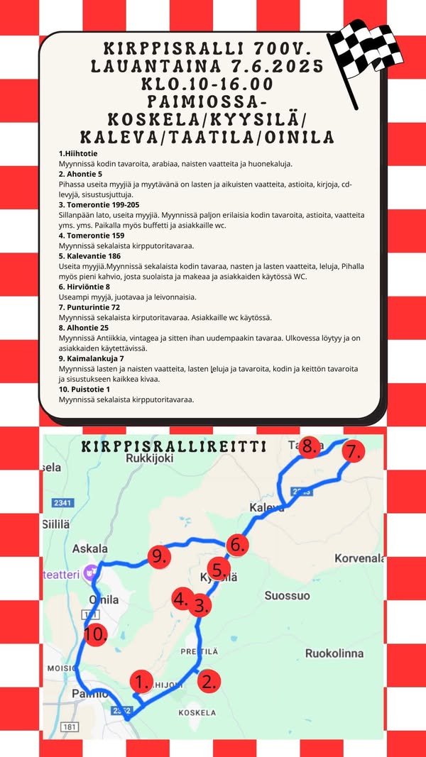 Rajattu alue Paimion kartasta. Karttaan merkitty numeroilla kohteet, jotka osallistuvat tapahtumaan. Lisäksi lista siitä minkälaisia tuotteita eri pisteissä on myytävänä.