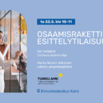 Kuvassa vaaleansininen tausta. Vasemmalla kuva, jossa näkyy ihmisiä tekemässä töitä. He suunnittelevat ja konseptoivat asioita seinälle. Oikealla puolella tapahtuman tiedot tekstinä.