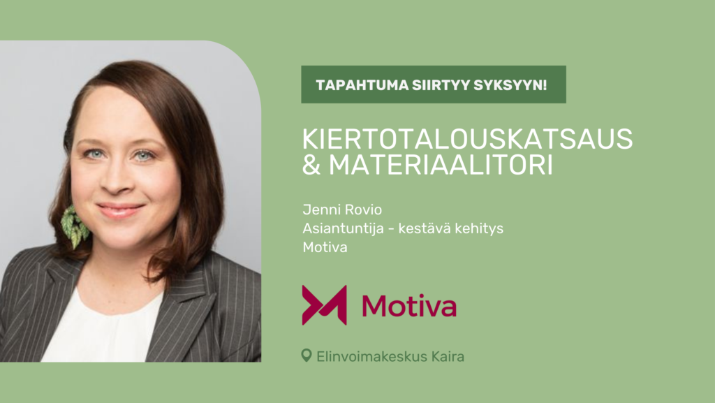 Kuvassa vaaleanvihreä taustalla. Vasemmalla kuva asiantuntijasta, joka on nainen jolla on tummat hiukset ja polkkatukka. Oikealla kuvassa tapahtuman tiedot.