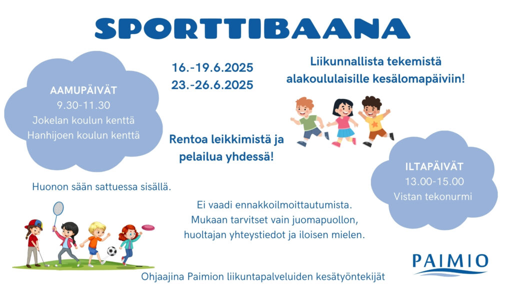 Sporttibaana alakouluikäisten liikuntatekemisen mainos.