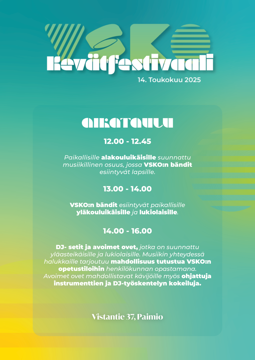 Kelta-vihreässä mainoksessa Varsinais-Suomen Kansanopiston logo sekä perustiedot Kevätfestareiden sisällöstä.