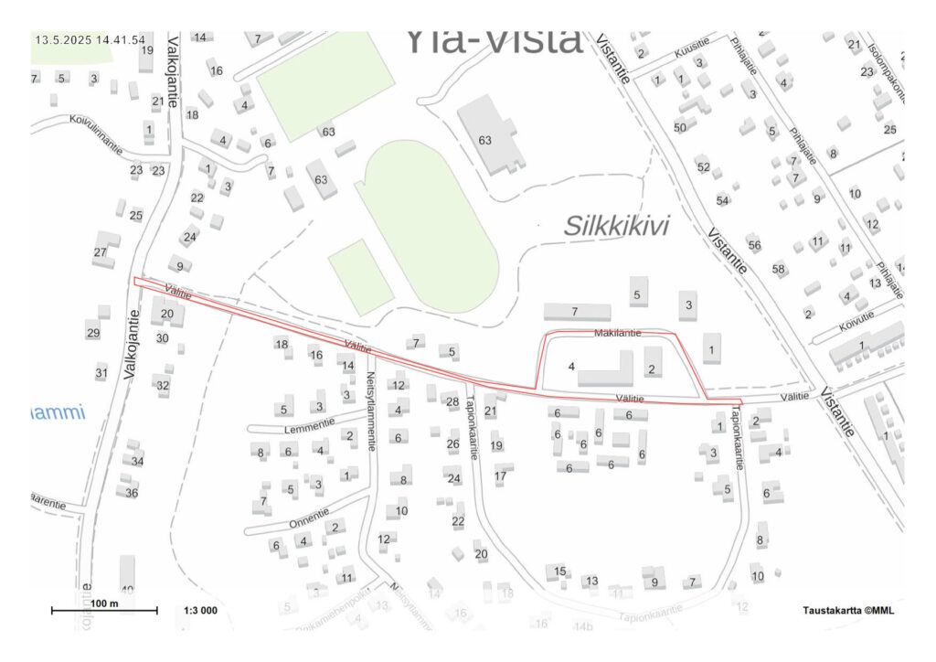 Ylä-Vistan alueen kartta, johon on punaisella viivalla merkitty tieosuudet, joilla saneeraustöitä suoritetaan.