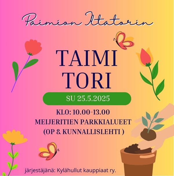 Puna-keltaisella pohjalla erilaisia piirretyjä kukkia sekä tekstinä Taimitori.