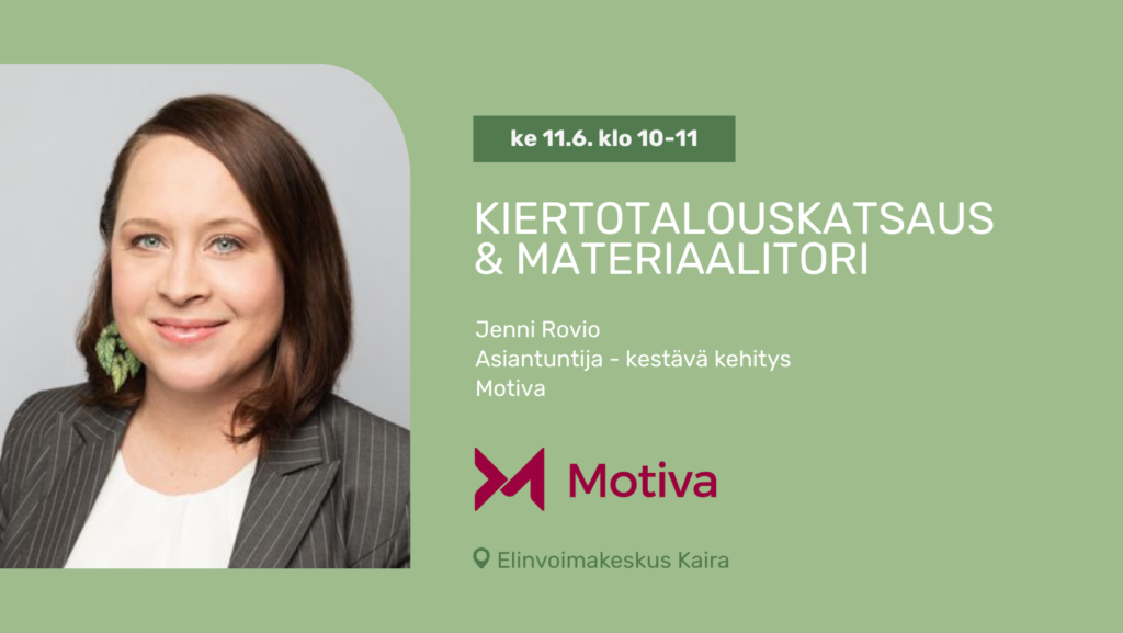 Kuvassa vaaleanvihreä taustalla. Vasemmalla kuva asiantuntijasta, joka on nainen jolla on tummat hiukset ja polkkatukka. Oikealla kuvassa tapahtuman tiedot.