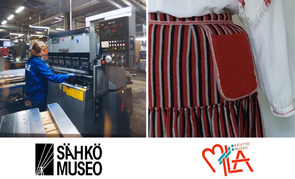 Alaosassa Sähkömuseon ja Käsityömuseon logot. Niiden yläpuolella kuva SLM Teollisuuden tehdastilasta sekä rajattu yksityiskohta Paimion puvusta.