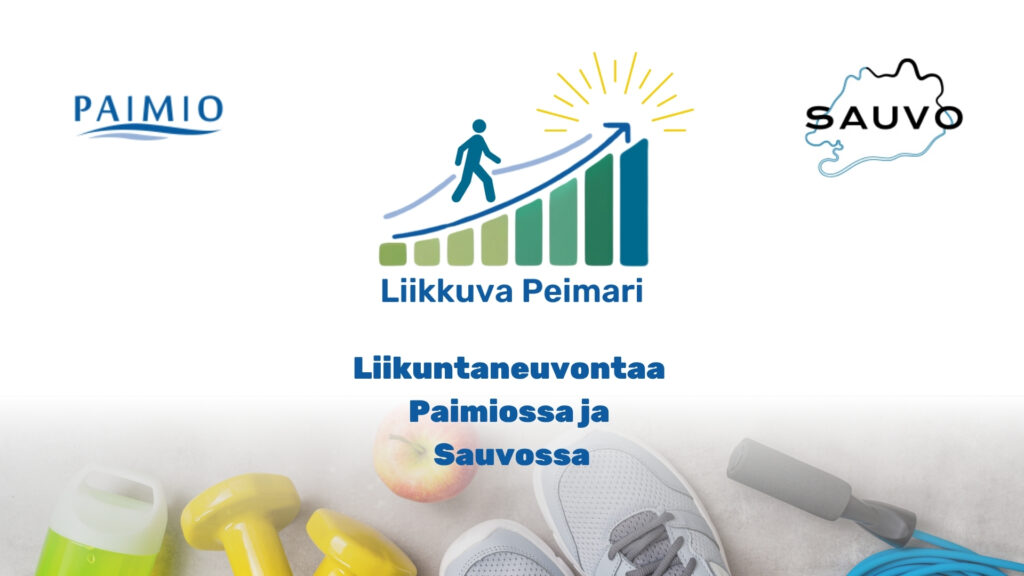 Liikkuva Peimari - Liikuntaneuvontaa Paimiossa ja Sauvossa mainos, jossa Paimion ja Sauvon logot sekä Liikkuvaa Peimari logo. Kuvan alareunassa näkyy liikuntavälineitä.