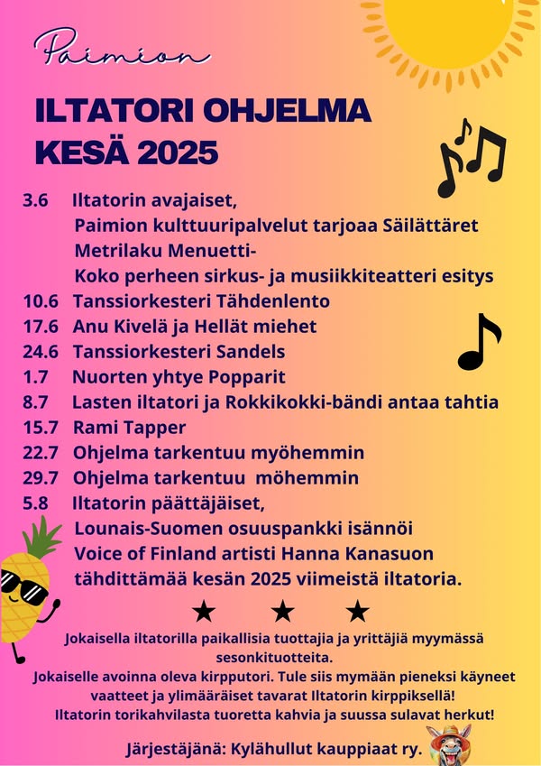 Paimion ilktatorien ohjelma kesällä 2025 aikavälillä 3.6. - 5.8.. Kuvassa myös piirretty aurinko ja nuotteja.