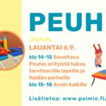 Peuhis mainos, jossa oikealla tekstiä ja vasemmalla 3 kuvaa, jossa näkyy liikuntasalissa olevia pomppulinnaa ja muita lasten liikunta ja peuhu välineitä.
