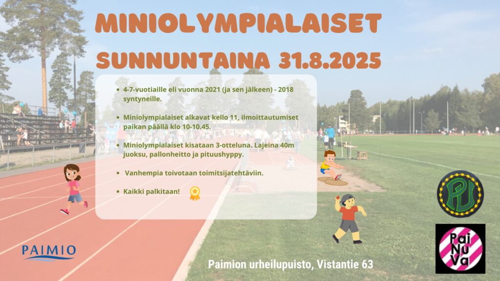 Miniolympialaisten mainoksessa taustalla kuva Paimion urheilupuistosta, jossa paljon ihmisiä.