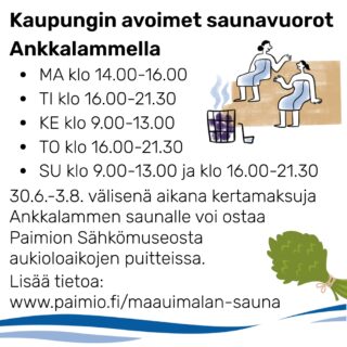 Ankkalammen avoimet saunavuorot listattuna ja kuvituskuvina saunojat ja vihta.
