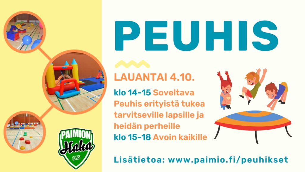 Peuhis mainos, jossa oikealla tekstiä ja vasemmalla 3 kuvaa, jossa näkyy liikuntasalissa olevia pomppulinnaa ja muita lasten liikunta ja peuhu välineitä.