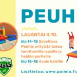 Peuhis mainos, jossa oikealla tekstiä ja vasemmalla 3 kuvaa, jossa näkyy liikuntasalissa olevia pomppulinnaa ja muita lasten liikunta ja peuhu välineitä.