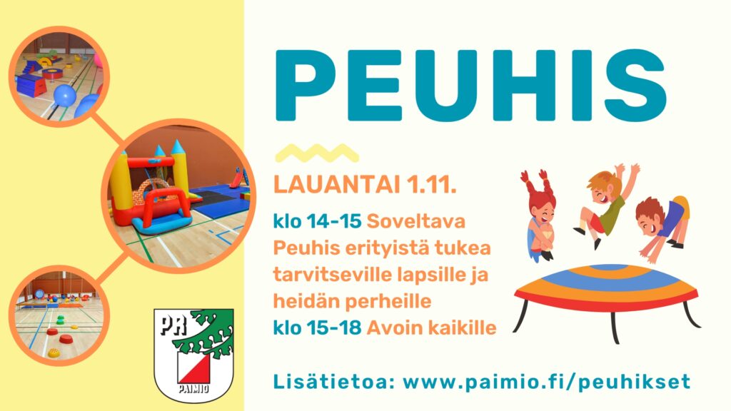Peuhis mainos, jossa oikealla tekstiä ja vasemmalla 3 kuvaa, jossa näkyy liikuntasalissa olevia pomppulinnaa ja muita lasten liikunta ja peuhu välineitä.