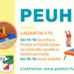 Peuhis mainos, jossa oikealla tekstiä ja vasemmalla 3 kuvaa, jossa näkyy liikuntasalissa olevia pomppulinnaa ja muita lasten liikunta ja peuhu välineitä.