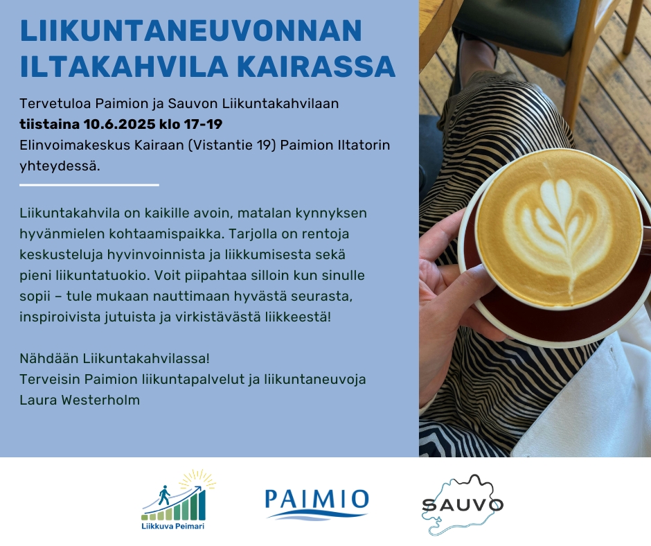 Liikuntaneuvonnan iltakahvila Kairassa -mainos. Kuvassa tekstiä ja kahvikuppi sydämellä koristetulla kahvilla. 