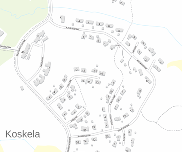 Ote Paimion kartasta Koskelan alueelta. Kartassa näkyvät myös alueen kadunnimet.