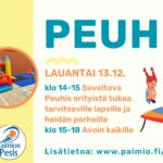 Peuhis mainos, jossa oikealla tekstiä ja vasemmalla 3 kuvaa, jossa näkyy liikuntasalissa olevia pomppulinnaa ja muita lasten liikunta ja peuhu välineitä.