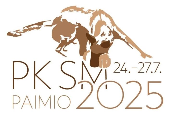 Piirretty ruskeasävyinen koira sekä tekstinä PK SM Paimio, 24-27.7.2025