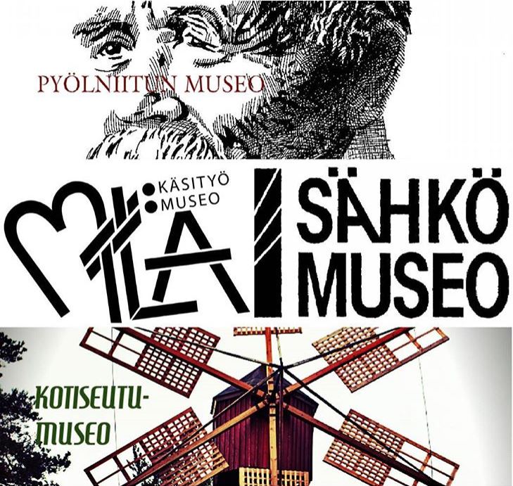 Paimion neljän museon logot yhdistetty samaan kuvaan, jossa ylhäällä piirroskuva miehestä ja alhaalla vanhan tuulimyllyn siivet.
