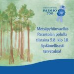 Piirroskuva metsästä sekä Paimio 700-logo. Alaosassa sininen, aaltomainen osa.