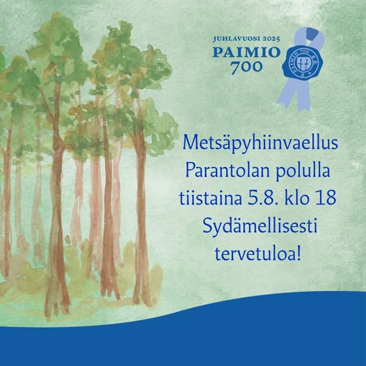 Piirroskuva metsästä sekä Paimio 700-logo. Alaosassa sininen, aaltomainen osa.