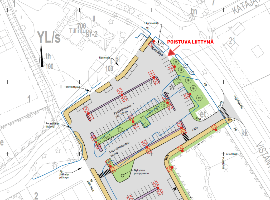 kartalla kuvattu urheilupuiston poistuvan liittymän sijainti.