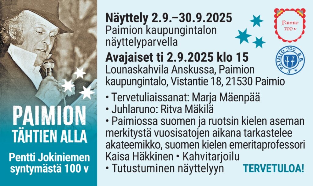 Vasemmassa yläkulmassa mustavalkoinen kuva hattupaisestä miehestä. Kisäksi Paimio 700 -sinetti ja tietoja näyttelystä ja sen avajaisten ohjelmasta.