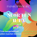 Pride viikon nuorten ilta Nuortentuvalla mainos värikkäällä taustalla.