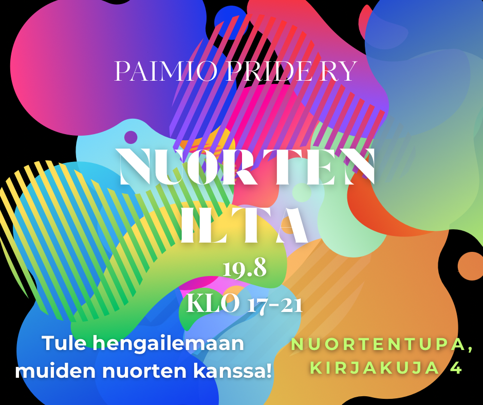 Pride viikon nuorten ilta Nuortentuvalla mainos värikkäällä taustalla.