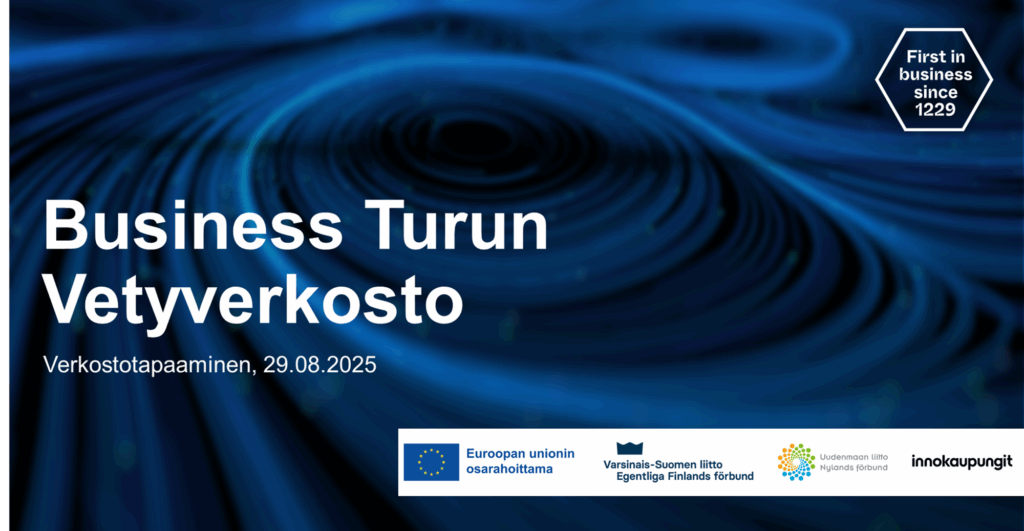 Sininen graafinen tausta, jossa teksti; Business Turun Vetyverkosto