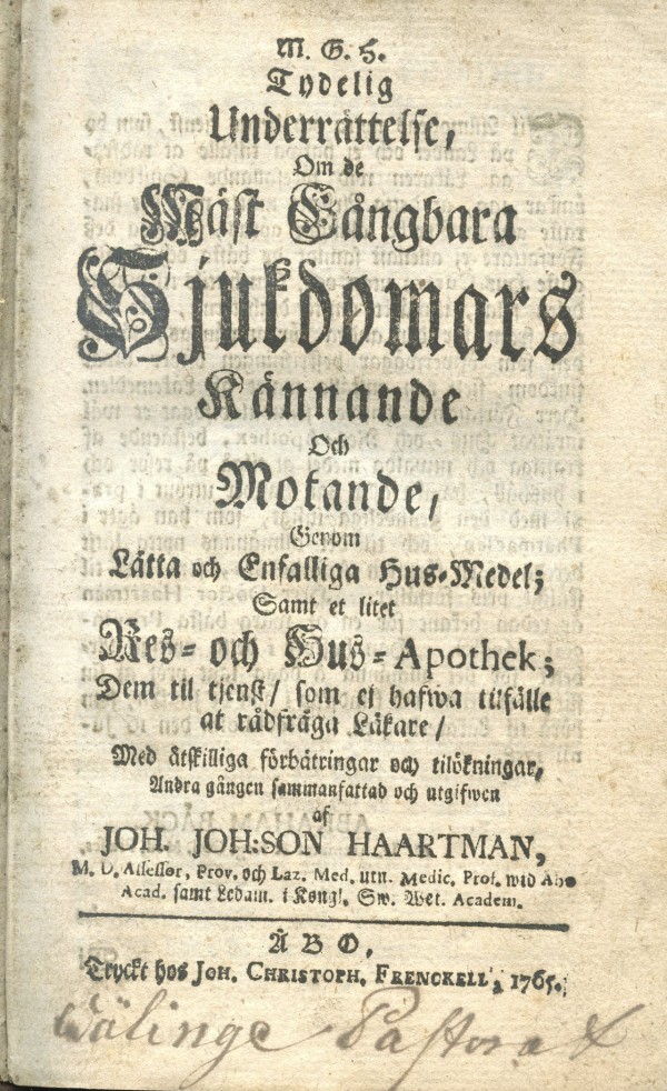 Kansikuva Johan Haartmannin 1765 julkaisemasta lääketieteen oppaasta.