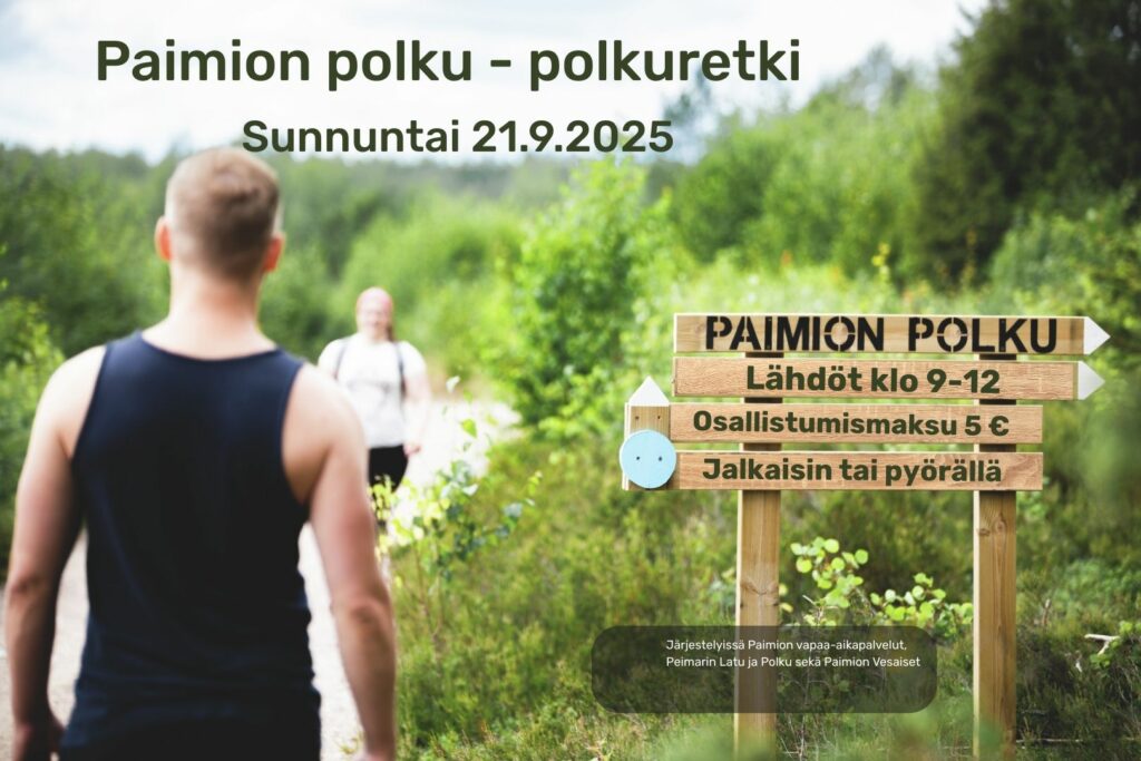 Paimion polku kyltit kuvassa oikealla ja vasemmalla ihminen selkä kuvaajaan päin. Taustalla metsää.