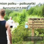 Paimion polku kyltit kuvassa oikealla ja vasemmalla ihminen selkä kuvaajaan päin. Taustalla metsää.