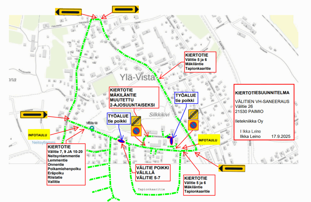 Karttakuva Ylä-Vistalta siltä alueelta, johon Välitien vesijohtosaneeraus aiheuttaa liikennehäiriöitä 17.9.2025 alkaen. Tie on poikki sekä Välitien 5-7 välillä, että Mäkiläntie 1-2 kohdalta.