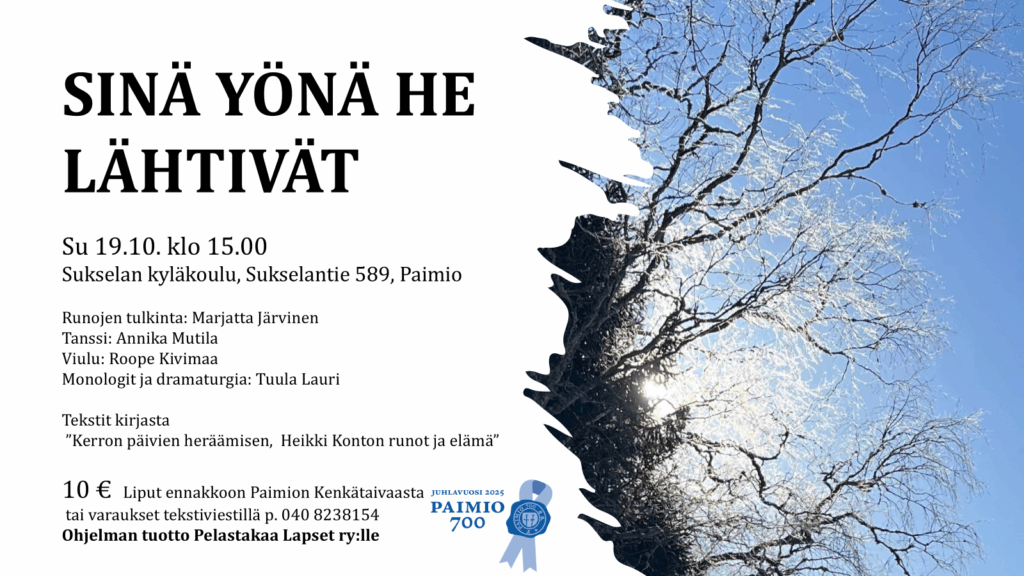 Kirkaalla säällä otettu kuva lehdettömän puun oksista, joiden takaa pilkistää aurinko. Lisäksi perustiedot Sinä yönä he lähtivät -tapahtumasta.