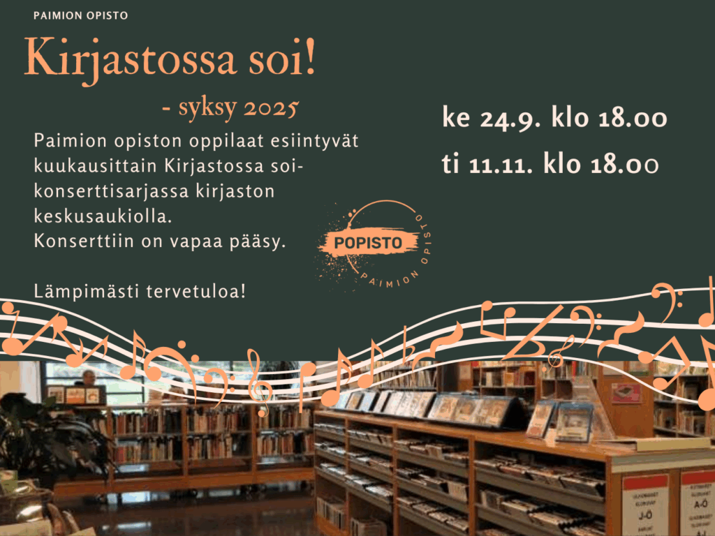 Kirjastossa soi! -konserttien mainos.