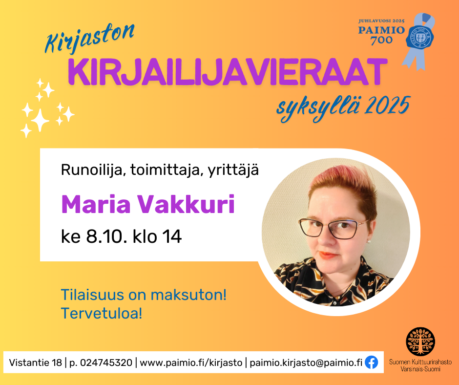 Maria Vakkurin kirjailijavierailun mainos.