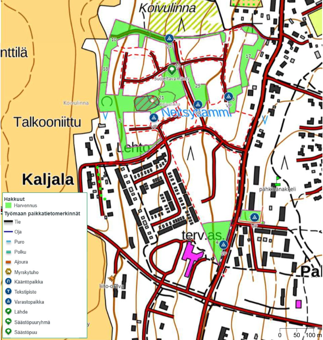 Harvennushakkuualueet merkittynä kartalle.
