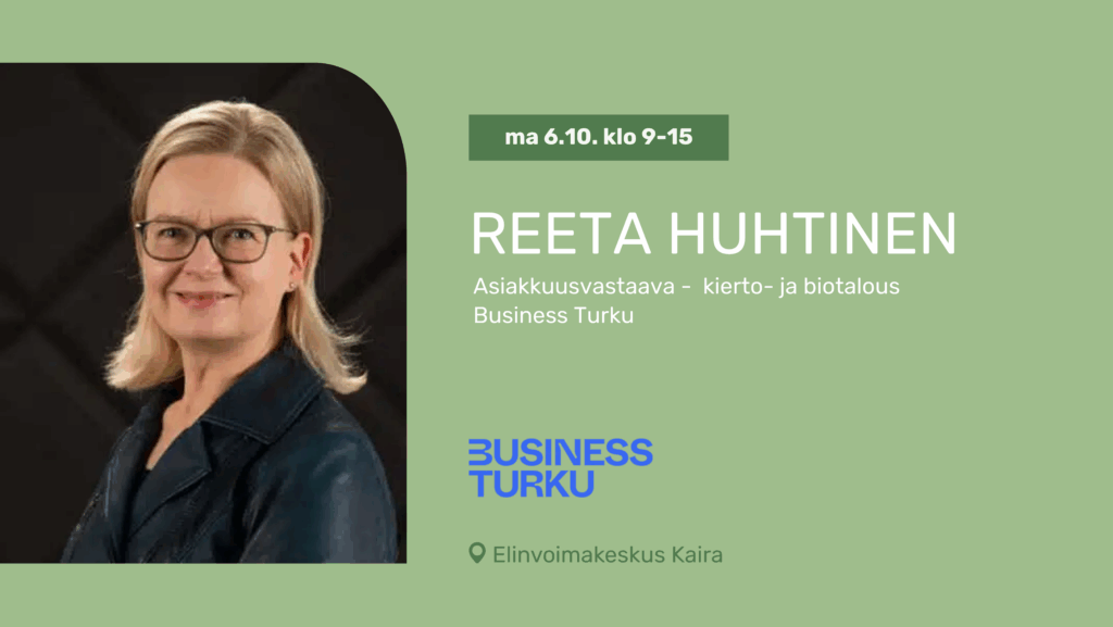 Bannerikuva vaalenavihreällä pohjalla. Kuvassa vasemmalla kuva vaaleatukkaisesta naisesta,j jolla on mustasankaiset silmälasit. Kuvassa oikealla tapahtuman tiedot ja Business Turun logo.