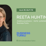 Bannerikuva vaalenavihreällä pohjalla. Kuvassa vasemmalla kuva vaaleatukkaisesta naisesta,j jolla on mustasankaiset silmälasit. Kuvassa oikealla tapahtuman tiedot ja Business Turun logo.