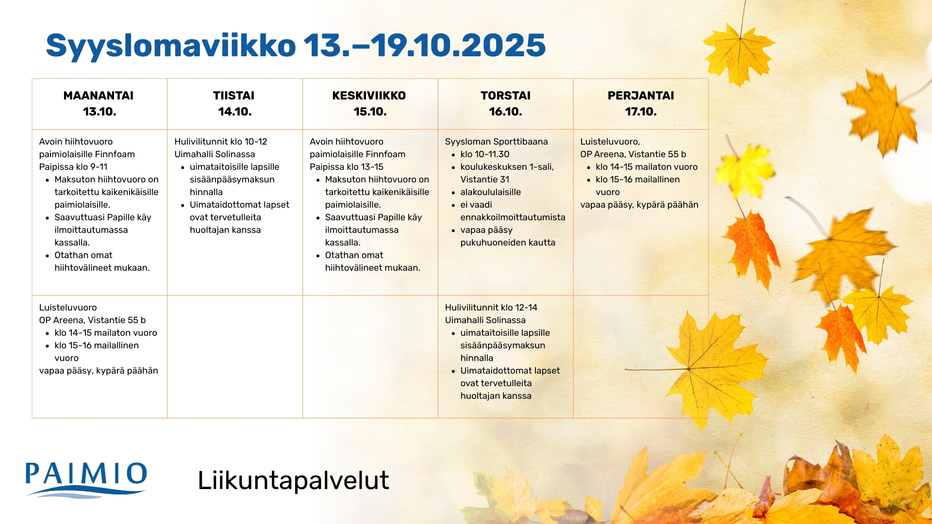 Syyslomaviikon liikuntapalveluiden ohjelmatarjonta kalenteri kuvana.