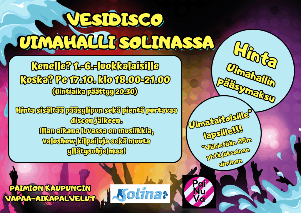 Uimahalli Solinan syyslomaviikon vesidisco mainos.