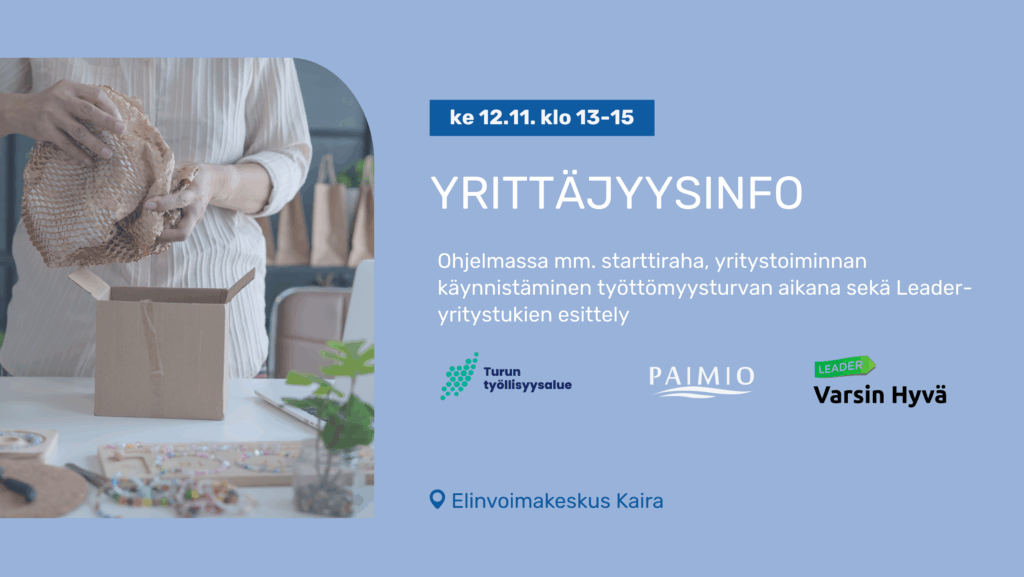 Bannerikuva. Vaaleansininen tausta. Vasemmalla kuva jossa henkilö pakkaa tuotetta pahvilaatikkoon. Oikealla tapahtuman tiedot ja yrityksen logot.