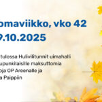 syyslomaviikon mainos, jossa oikeassa reunassa syksyisiä oransseja lehtiä.