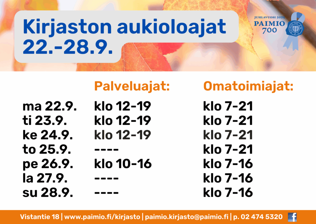 Torstaina 25.9. kirjastossa pelkkä omatoimi.