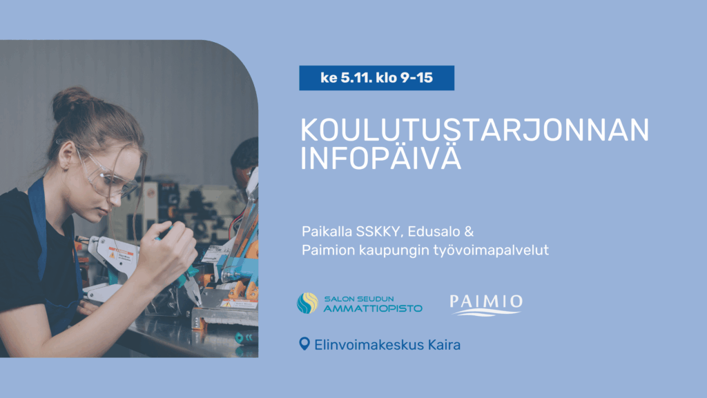 Vaaleansininen bannerikuva. Vasemmalla kuva ruskeahiuksisesta nuoresta naisesta, jolla on hiukset kiinni, suojalasit ja hän tekee käsityökaluilla tarkkuutta vaativaa työtä työpöydän ääressä. Kuvassa oikealla tapahtuman tiedot ja yritysten logoja.